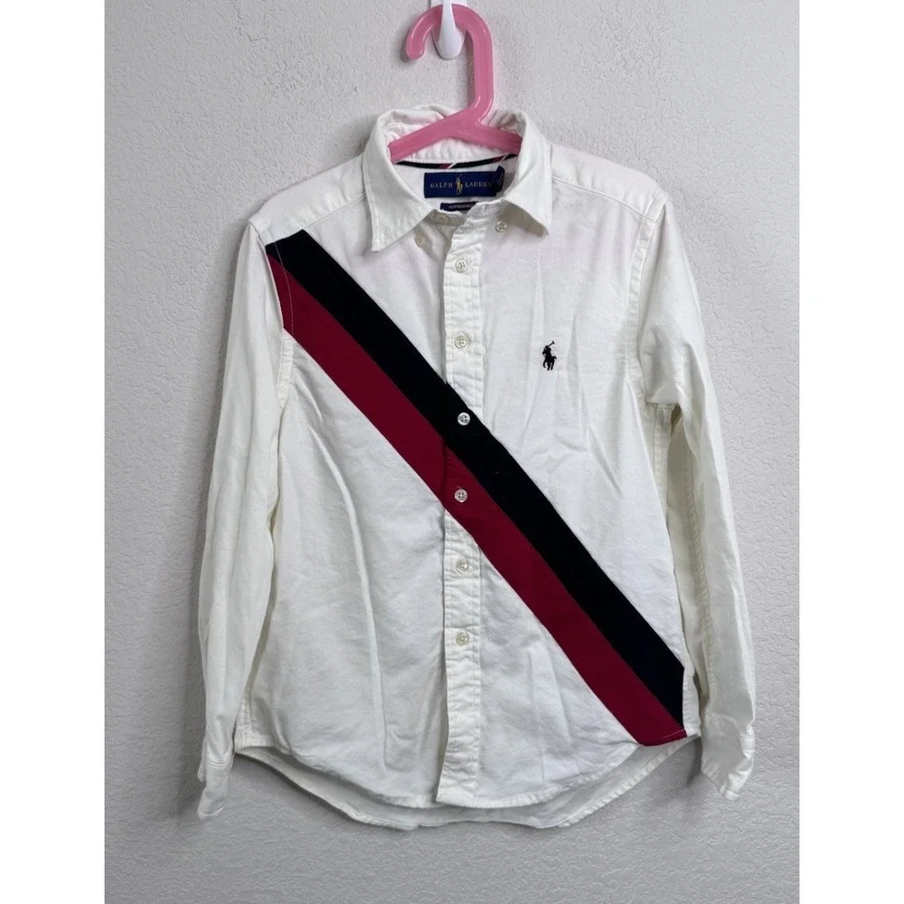 Ralph Lauren Boys 8 Button‎ Down Shirt White Polo Logo Stripe Performance Preppy